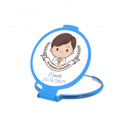 Espejito plegable azul con adhesivo personalizable de niño de comunión para regalar