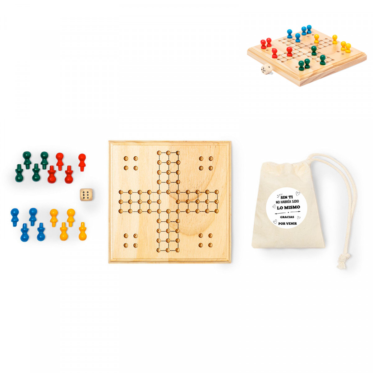 Parchís de madera en bolsa de algodón con adhesivo de agradecimiento para regalar