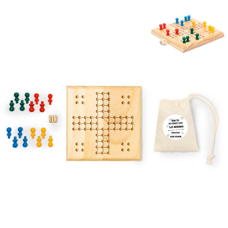 Parchís de madera en bolsa de algodón con adhesivo de agradecimiento para regalar