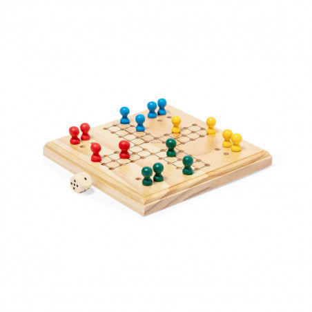 Parchís de madera en bolsa de algodón con adhesivo de agradecimiento para regalar