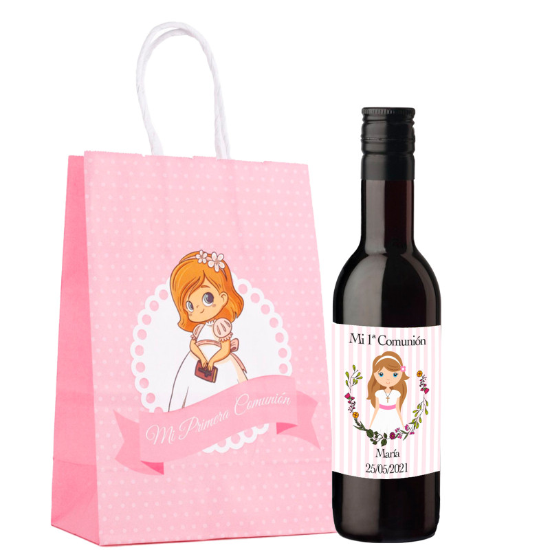 Vino tinto personalizado en bolsa para detalles primera comunión niña