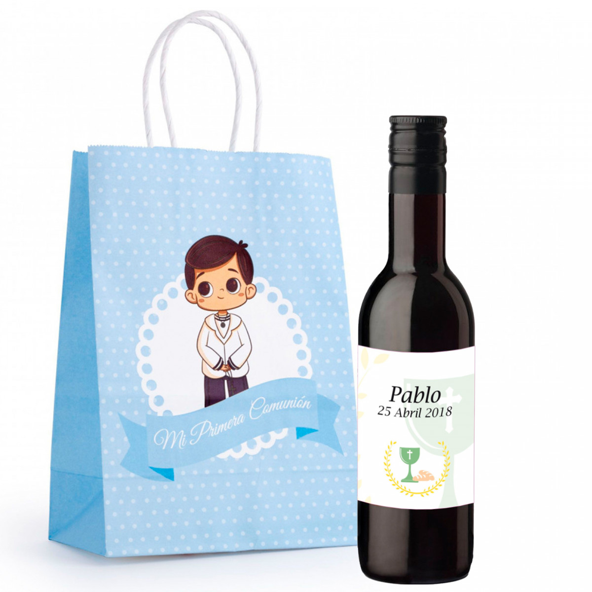 Vino tinto personalizado en bolsa para detalles primera comunión niño