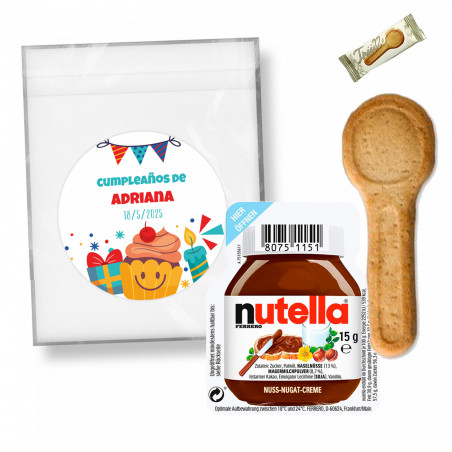 Nutella 15 gr con cuchara de galleta en bolsa personalizada con adhesivo personalizable para regalar