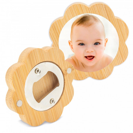 Abridor de bambú diseño flor personalizado con foto para regalos