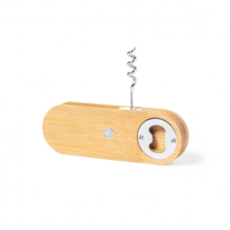 Abridor y sacacorchos de madera e imán en bolsa de tela azul con adhesivo personalizado de niño de comunión