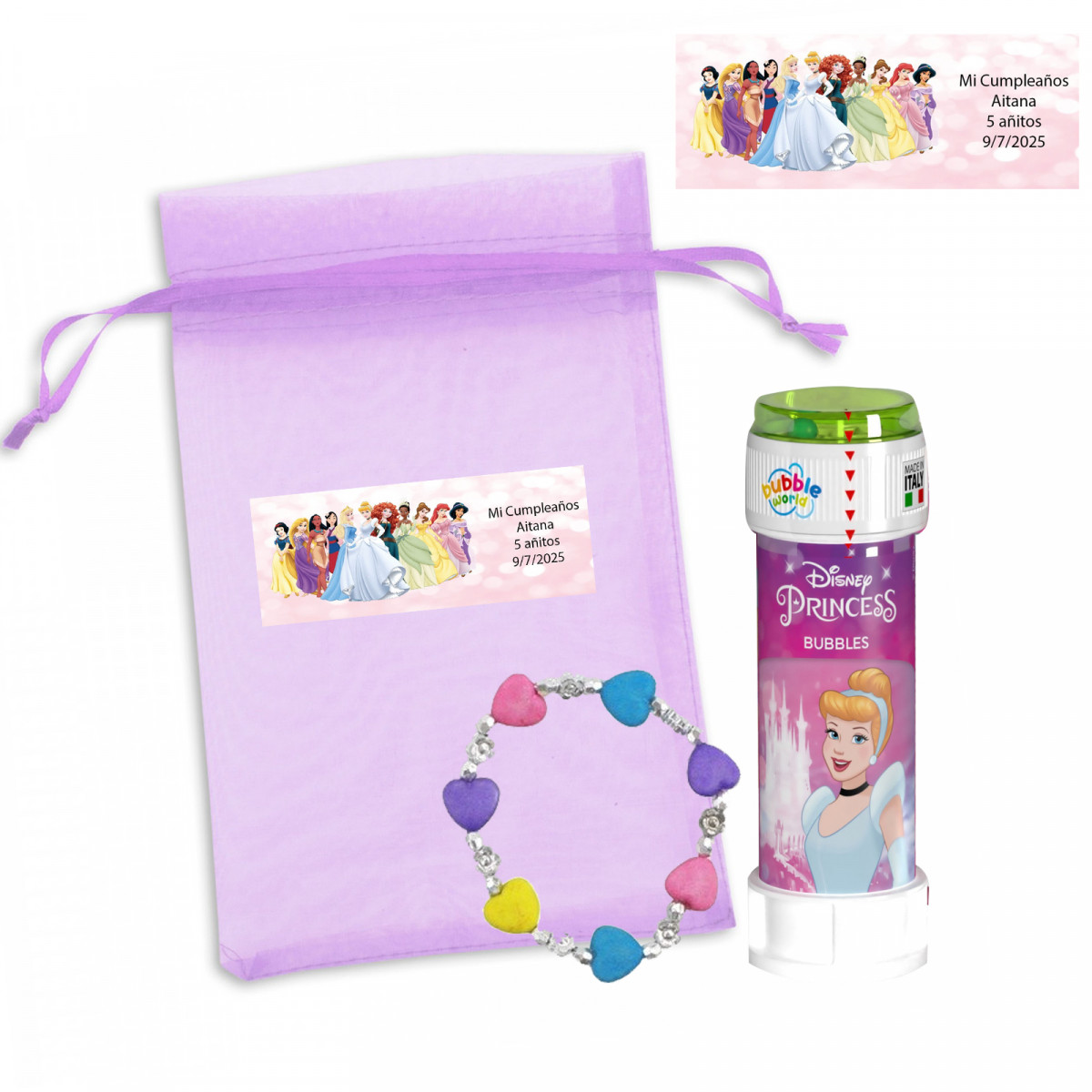 Pulsera con cuentas de corazones y pompero de princesas en bolsa lila personalizada para eventos