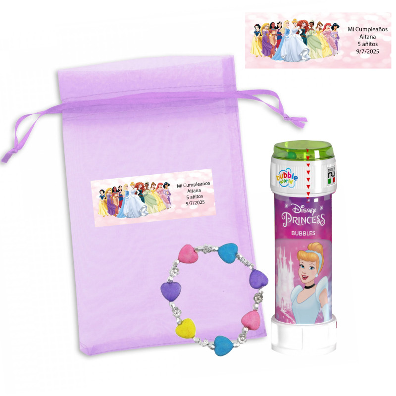 Pulsera con cuentas de corazones y pompero de princesas en bolsa lila personalizada para eventos
