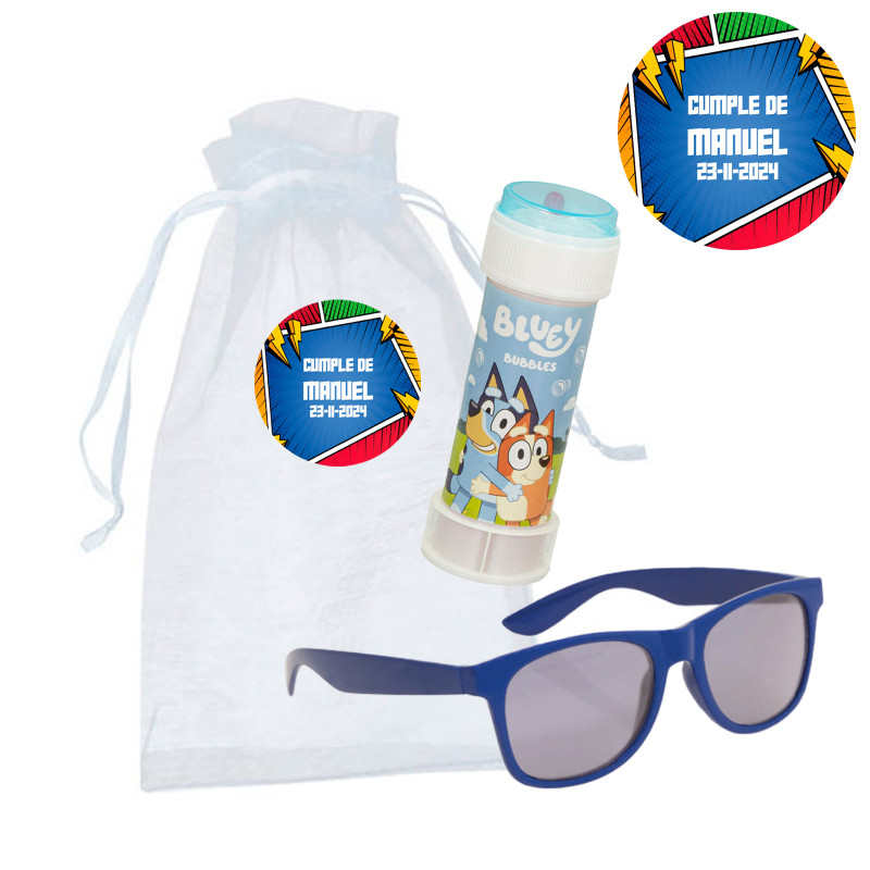 Gafas de sol infantil azul y pompero de bluey en bolsa de organza personalizada con adhesivo para detalle