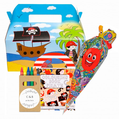 Detalles Infantiles Personalizados Cono de Chuches con Libro y Ceras en Caja