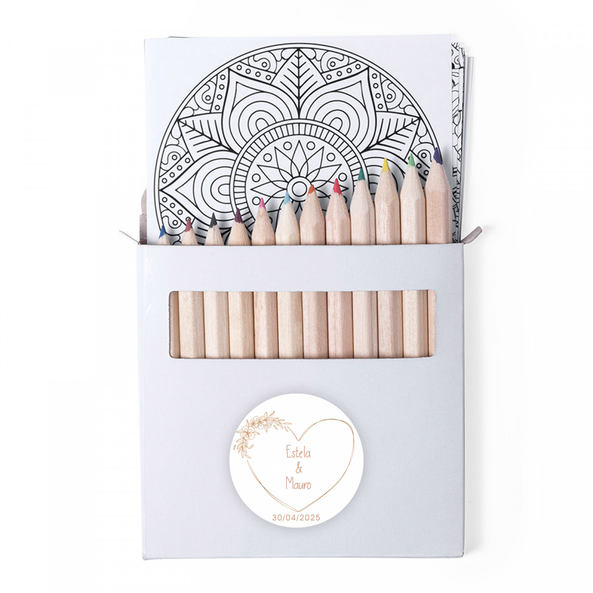 Mandalas para colorear con lápices de colores y adhesivo personalizado para regalar