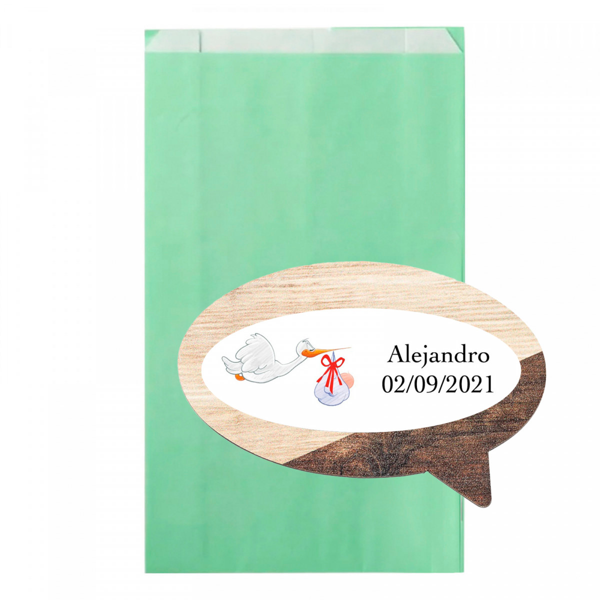 Imán de madera con adhesivo personalizado en sobre para detalles bautizos