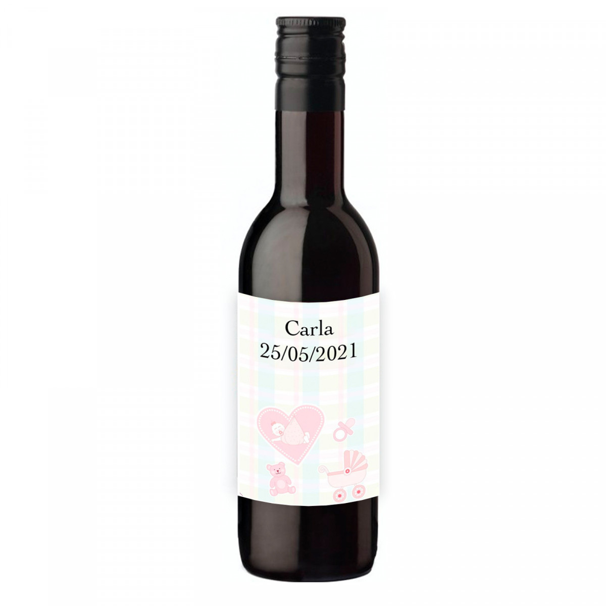 Vino tinto con adhesivo personalizado para detalles bautizo