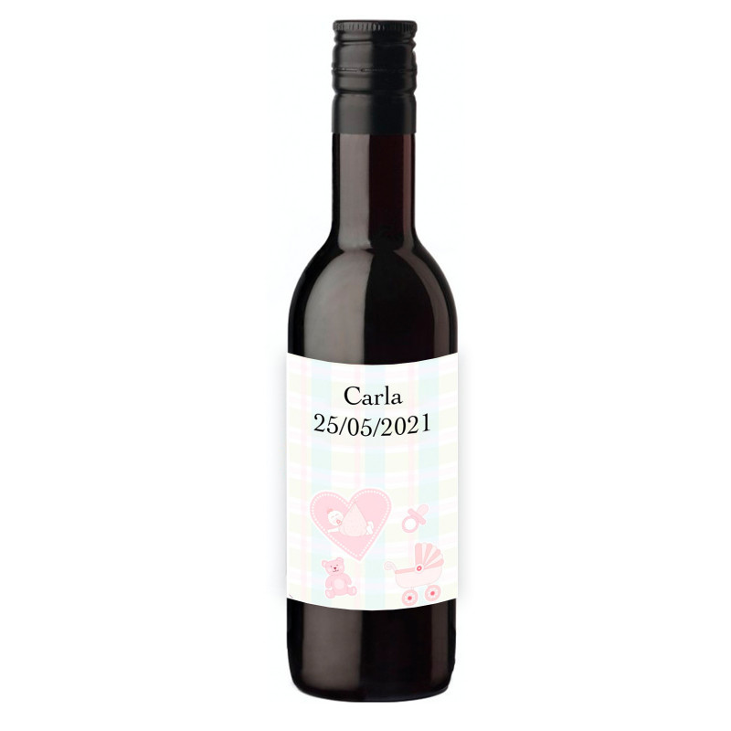 Vino tinto con adhesivo personalizado para detalles bautizo