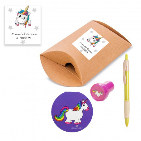 Libreta y sello de unicornio en cajita personalizada con adhesivo para eventos