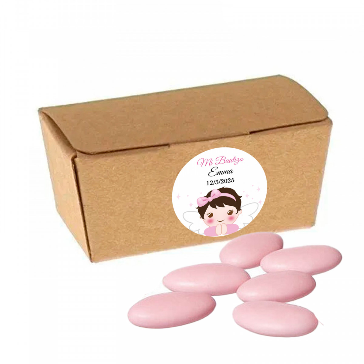 Peladillas rosas de chocolate en caja de cartón kraft con adhesivo personalizable para bautizo de niña