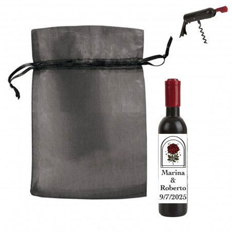 Sacacorchos en forma de botella personalizado con diseño flor vintage en bolsa de organza