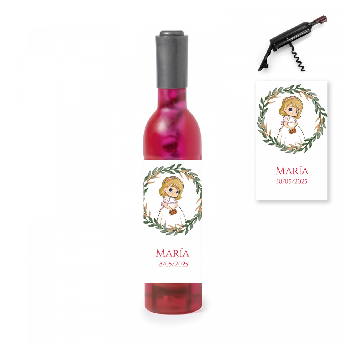 Sacacorchos magnético en forma de botella rosa con adhesivo de comunión de niña
