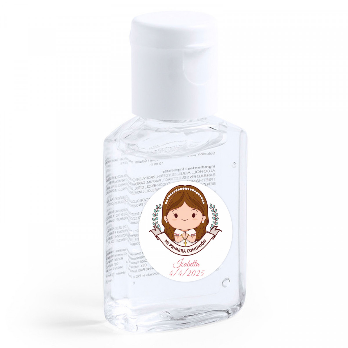 Gel hidroalcohólico con adhesivo primera comunión niña para regalar