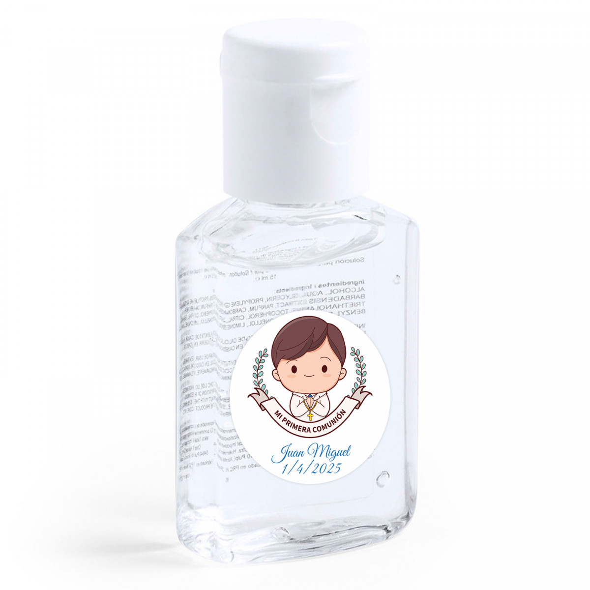Gel hidroalcohólico con adhesivo primera comunión niño para regalar