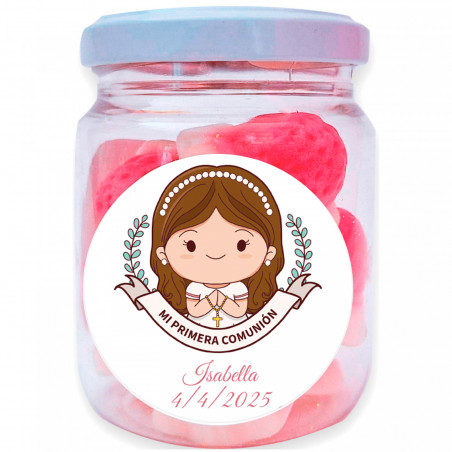 Tarro con chuches personalizado para detalles primera comunión niña