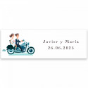 Bolígrafo con estuche metálico azul royal con adhesivo novios en moto para bodas