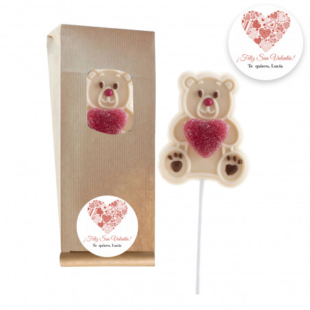 Piruleta de oso chocolate blanco con corazón en bolsa kraft con adhesivo personalizado san valentín