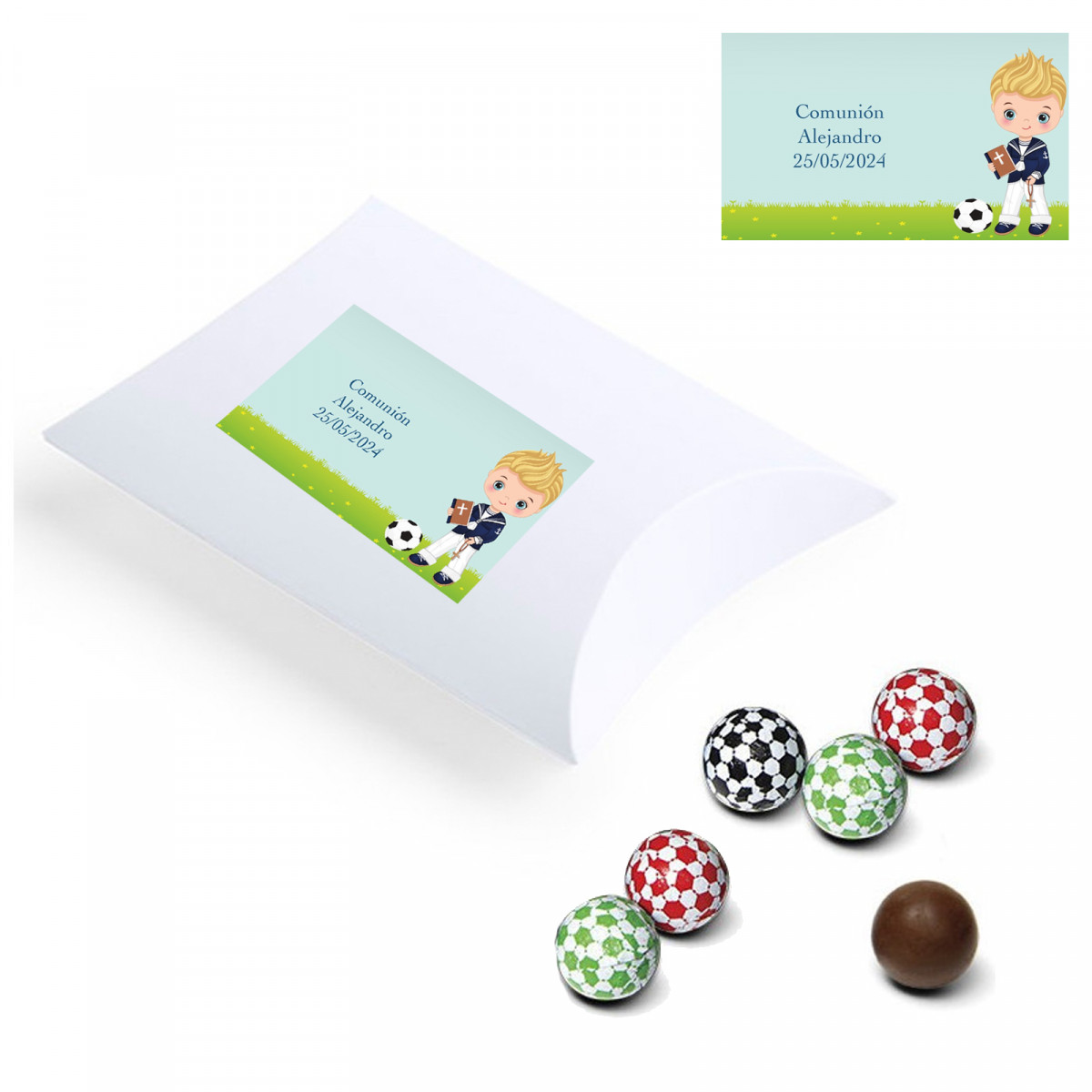 Bombones de chocolate en estuche personalizado con adhesivo de niño de comunión