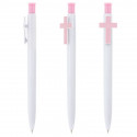 Bolígrafo personalizado para bautizo con cruz rosa y detalle de ángel niña en vinilo transparente