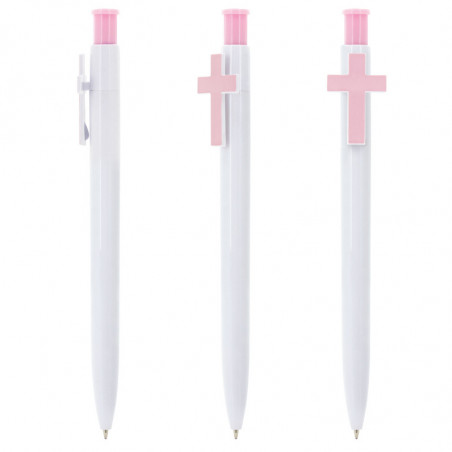 Bolígrafo personalizado para bautizo con cruz rosa y detalle de ángel niña en vinilo transparente