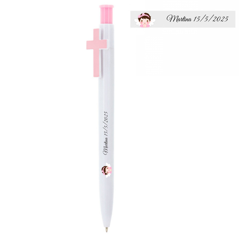 Bolígrafo personalizado para bautizo con cruz rosa y detalle de ángel niña en vinilo transparente