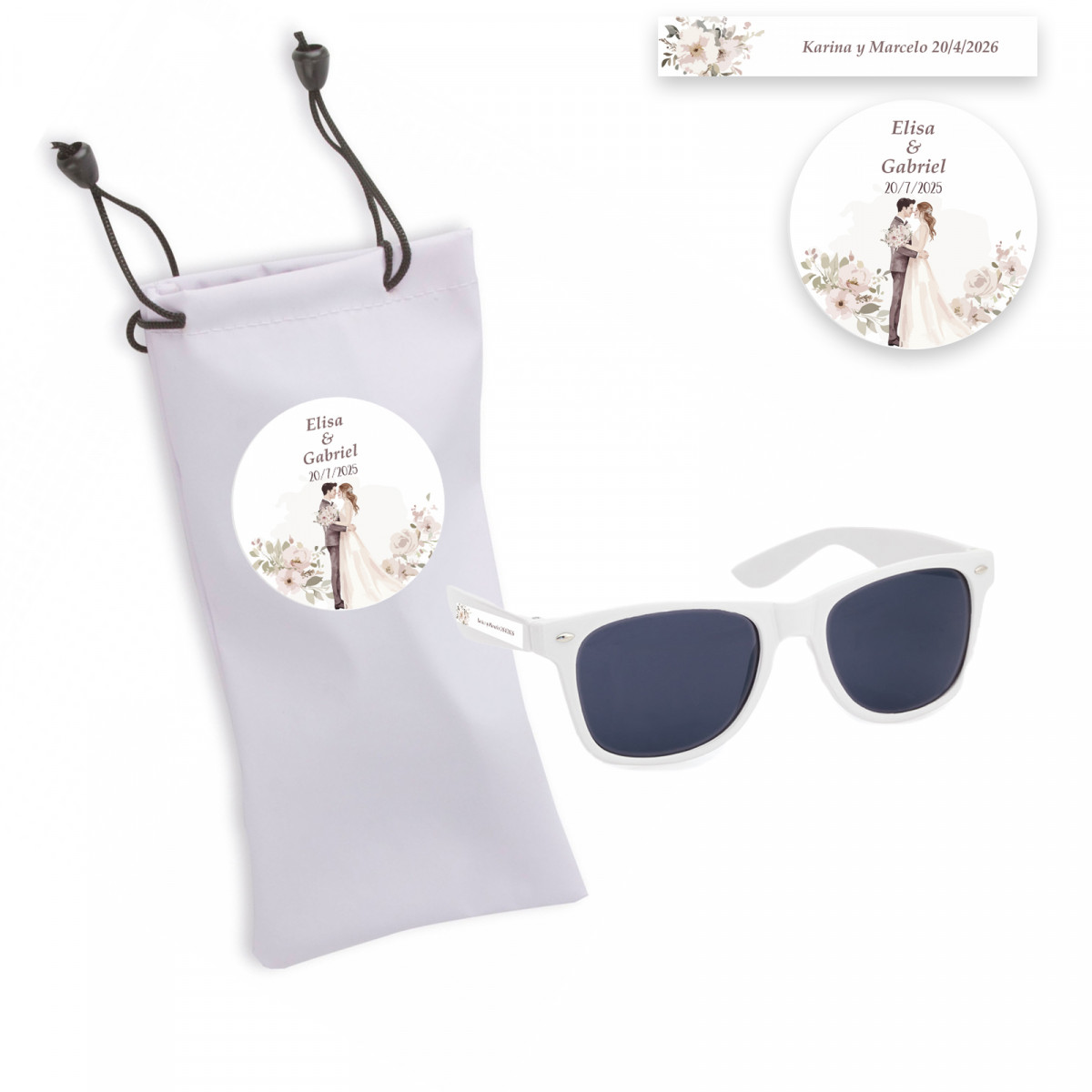 Gafas de sol con montura blanca personalizada con funda personalizada para bodas