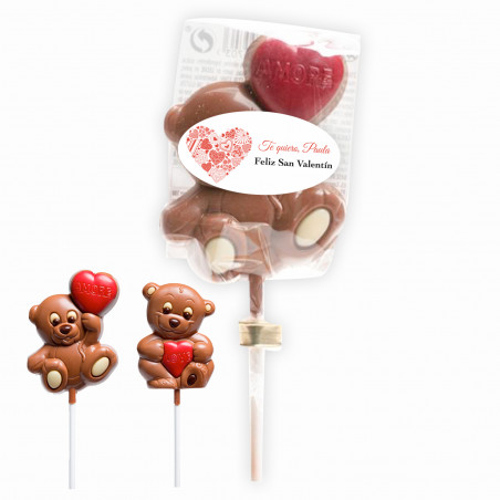 Piruleta de chocolate personalizable osito con corazón para regalar
