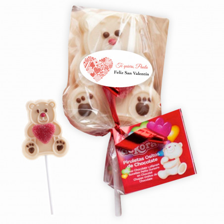 Piruleta de chocolate blanco con corazón jelly y adhesivo personalizado para detalles