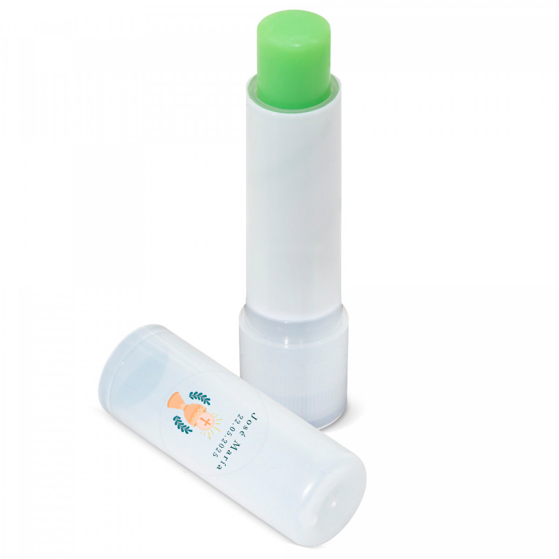 Bálsamo labial hidratante aloe vera con adhesivo cáliz para detalles primera comunión