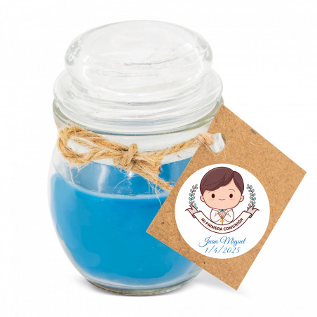 Vela aromática azul en tarro de cristal con etiqueta adhesivo 3 cm para detalles primera comunión niño