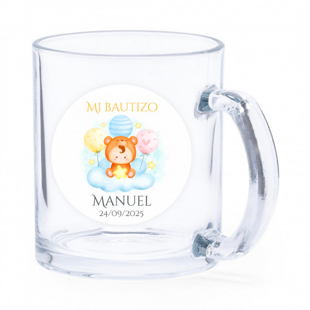 Taza de cristal con tierno adhesivo personalizable para regalar