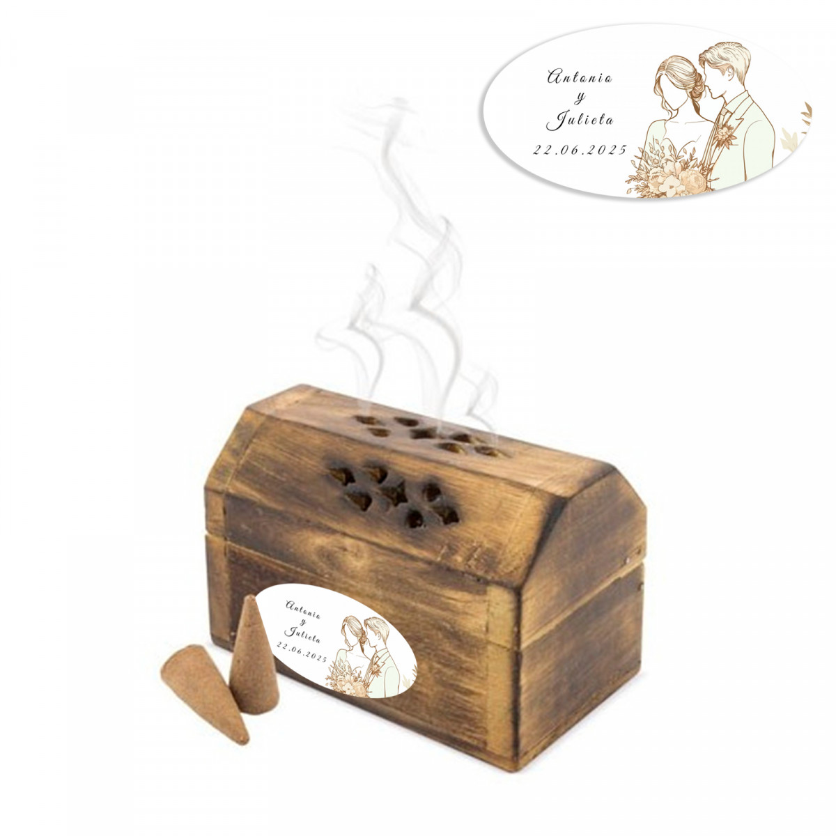 Cofre de incienso con conos personalizado con adhesivo para bodas