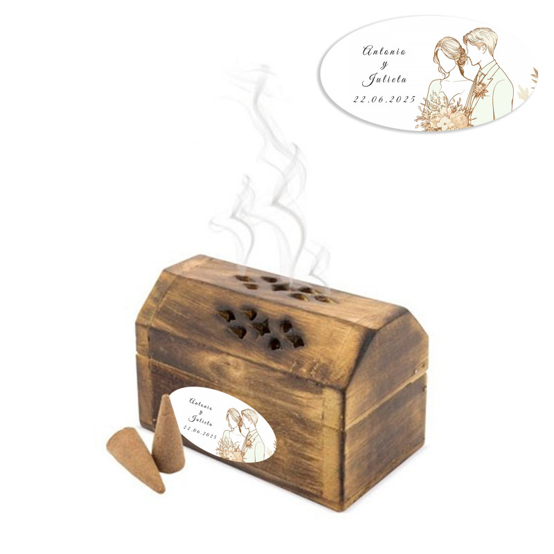 Cofre de incienso con conos personalizado con adhesivo para bodas