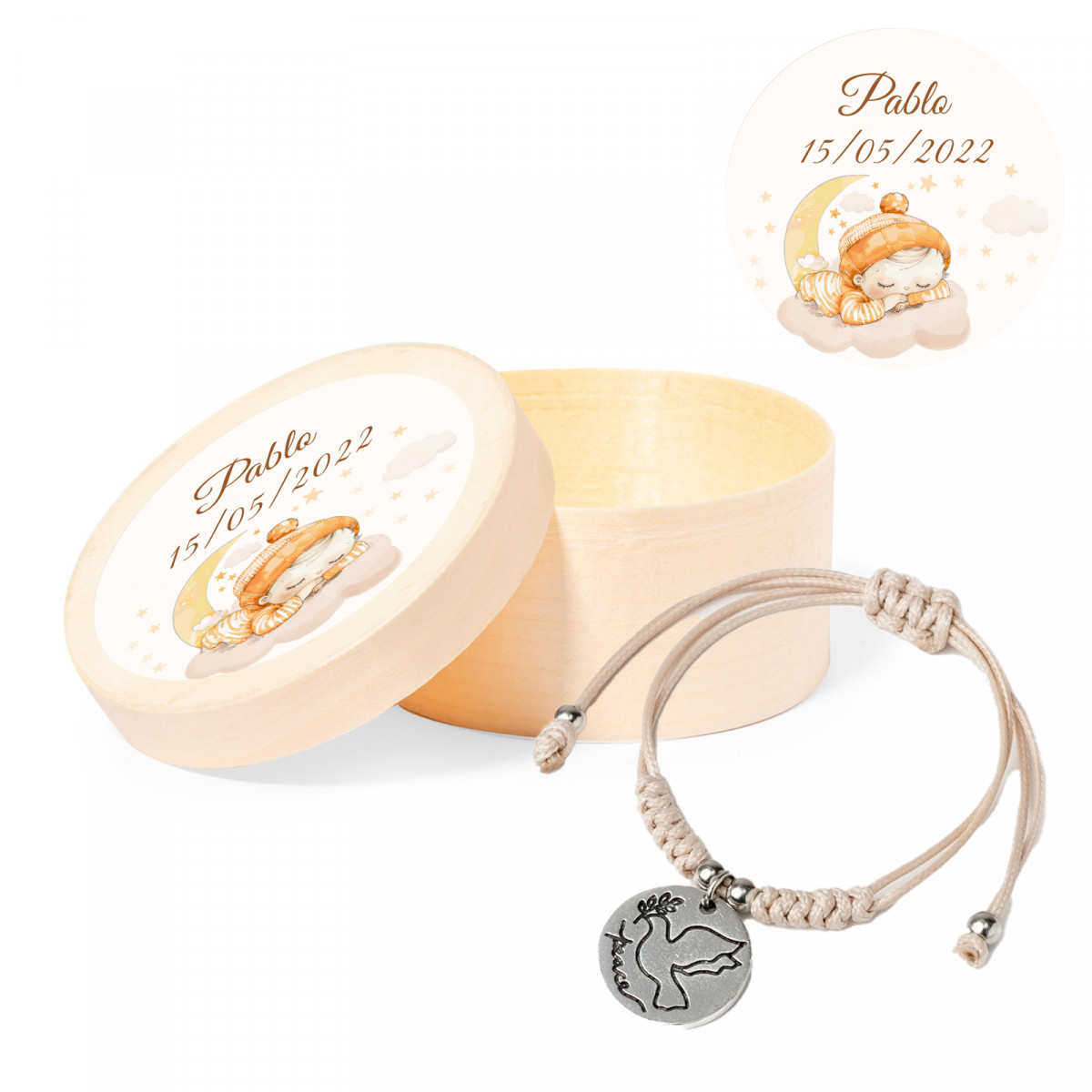 Pulsera paloma de la paz en caja de madera con adhesivo de bebé para bautizos