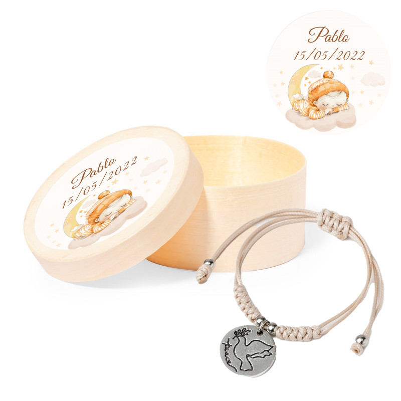 Pulsera paloma de la paz en caja de madera con adhesivo de bebé para bautizos