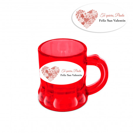 Jarra de chupito roja con asa con adhesivo ovalado personalizado con adhesivo de bodas o San Valentín