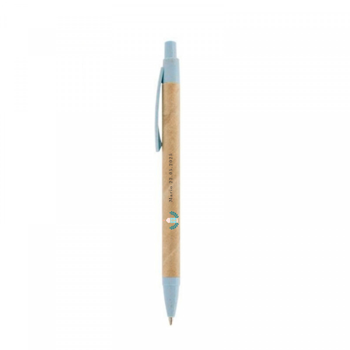 Bolígrafo fibra de trigo azul con adhesivo transparente para detalles de invitados