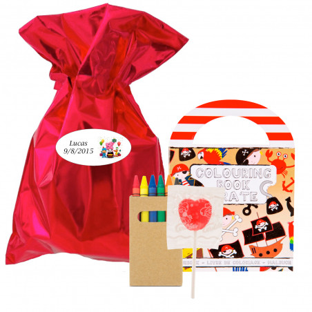 Libro para colorear con ceras y piruleta en bolsa roja metálica personalizable para detalles