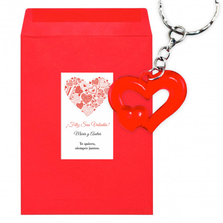 Llavero corazón en sobre kraft rojo con adhesivo romántico personalizable
