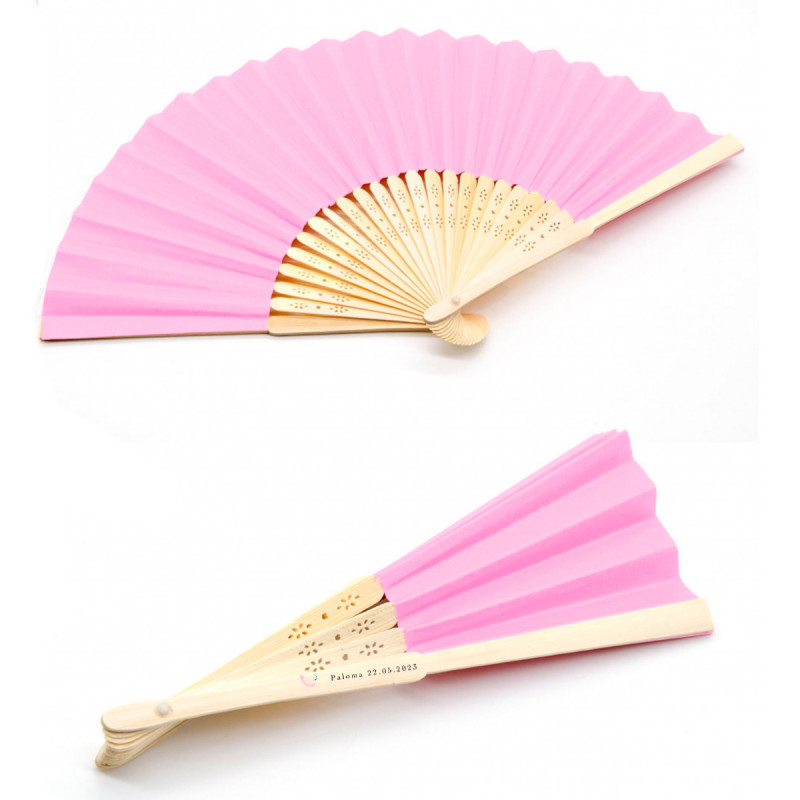 Abanico rosa de madera con adhesivo paloma rosa para detalles primera comunión