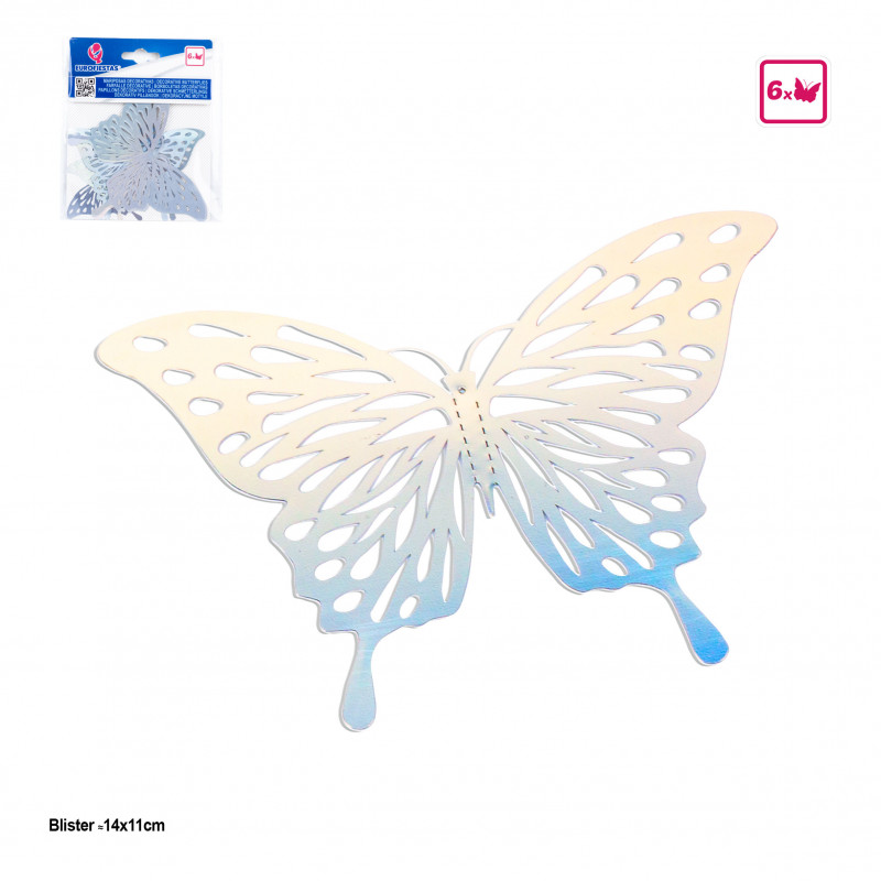 Mariposas decorativas iridiscentes plateadas 6 unidades para decorar