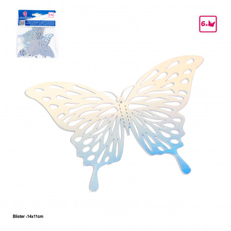 Mariposas decorativas iridiscentes plateadas 6 unidades para decorar