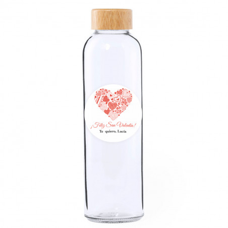 Botella de cristal con tapón de rosca en bambú con adhesivo personalizable para detalles