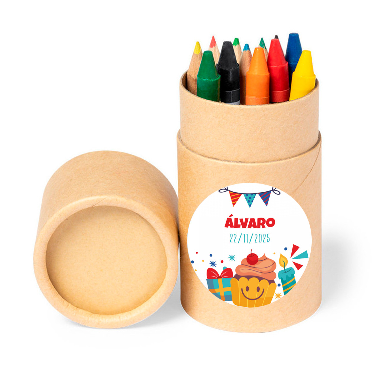 Colores de madera y ceras en estuche redondo con adhesivo navideño para detalles