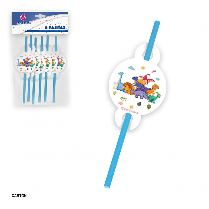 Pajitas de cartón con decoración de dinosaurios para fiestas infantiles